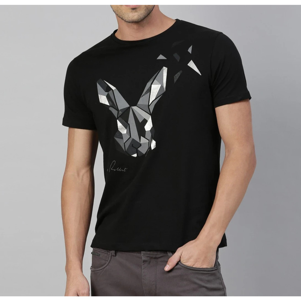RARE RABBIT Men Printed Round Neck Y2k Pure pima Cotton Black T-Shirt M A004966